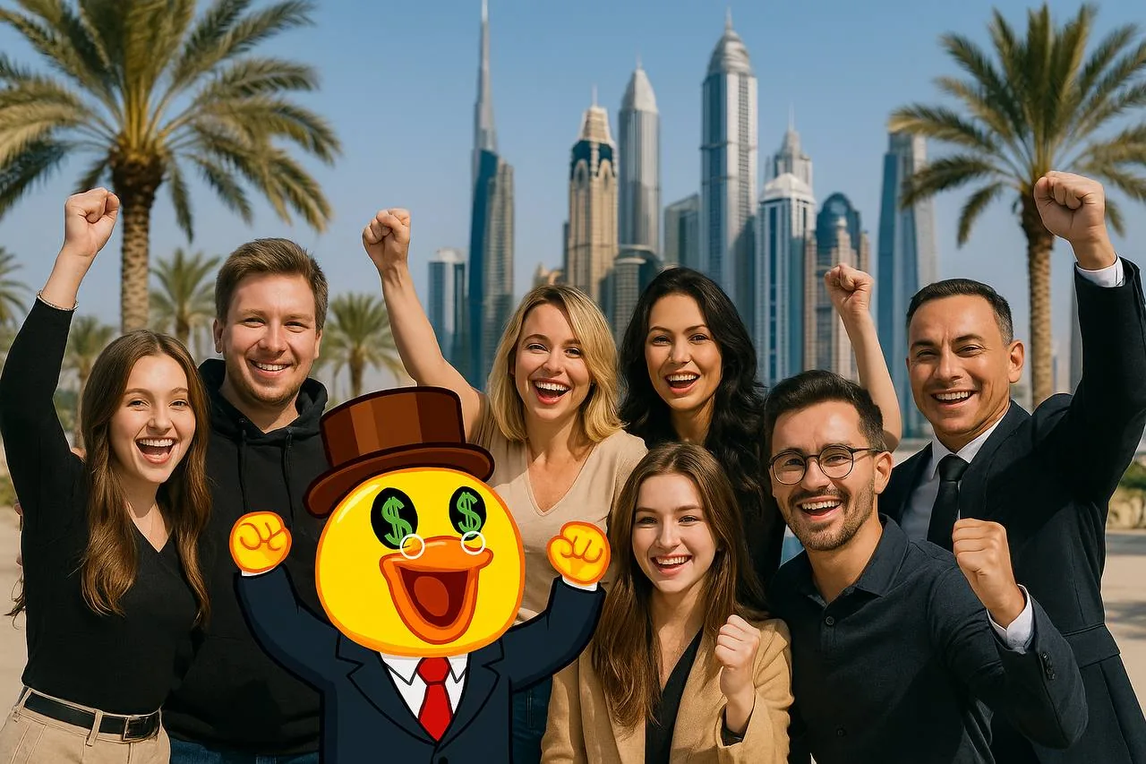 Група усміхнених людей на вулиці поруч із мультяшним персонажем, пов’язаним з грошима, на тлі міста та пальм